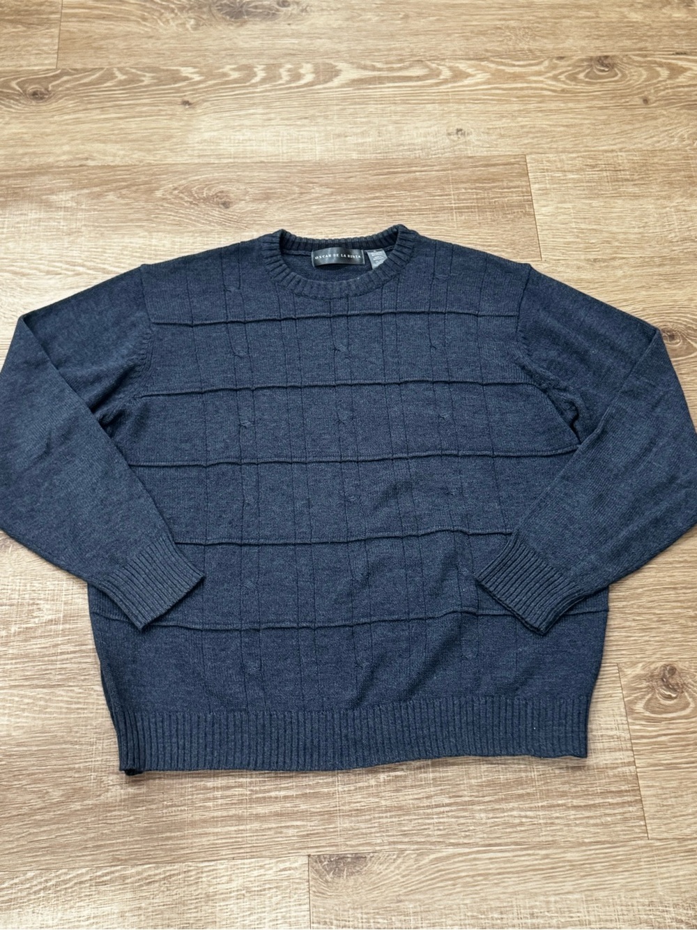 Oscar de la Renta Blue Textured Grid Knit Sweater XL